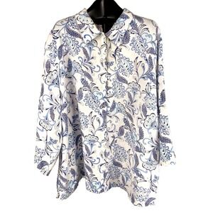 JM Collection Long Sleeve Shirt Women's 24W 100% Linen Blue Paisley on White EUC